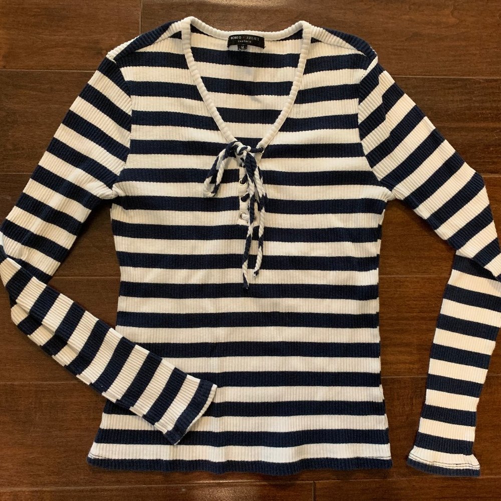 Women's Nautical Navy and White Striped Lace-Up Top Size Medium